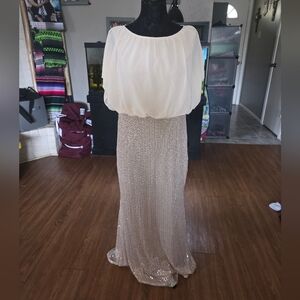 SHEIN Cream Blouson Chiffon Top with Gold Sequin Maxi Skirt